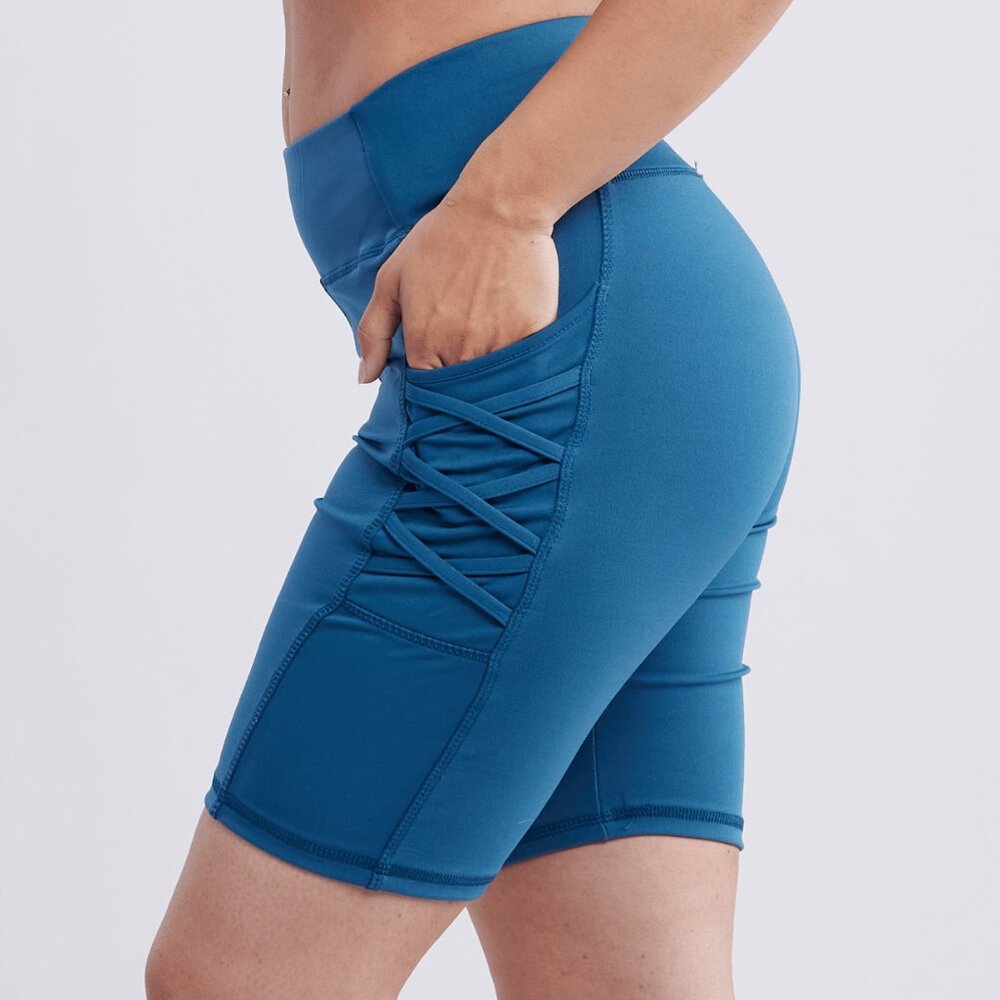 Callisto Collection High-Waisted Workout Shorts with Pockets Blue Small Medium